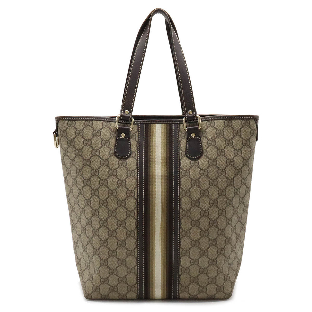 Gucci GG Supreme Plus Stripe Tote Bag Shoulder Leather Beige Cream Dark Brown